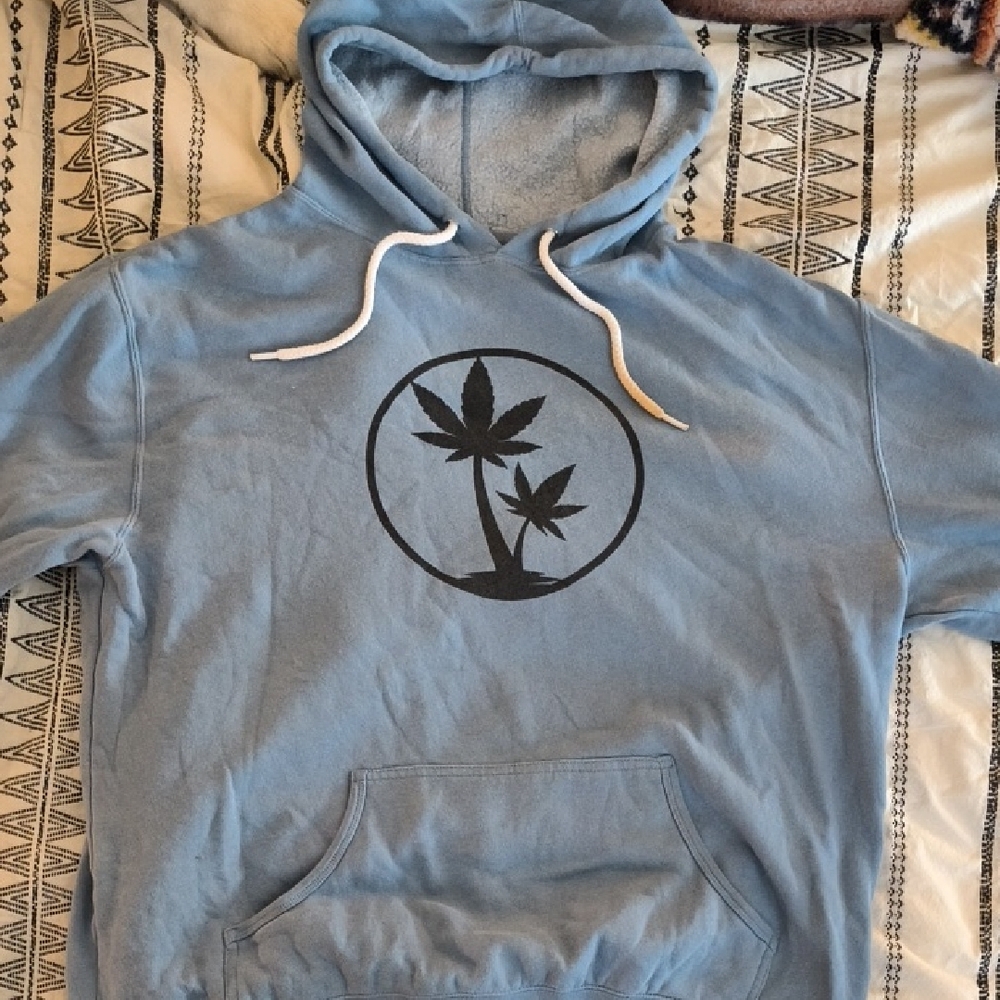 Blue Hoodie with Black Leaf Design
